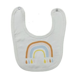 Baby White Bib with Rainbow image. Gorgeous multi-coloured rainbow bib is functional 100% cotton super soft to touch. Online / Ph 0351744888