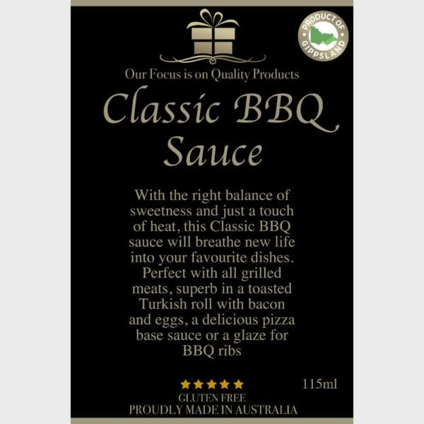 Classic BBQ Sauce 115ml image. Use as a sauce for a gourmet pizza or ideal as a full-flavoured glaze for authentic BBQ ribs. Ph 03-51744888