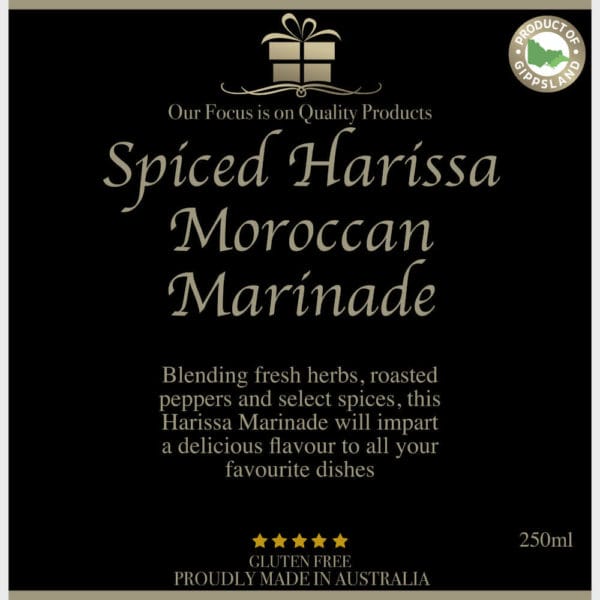 Spiced Harissa Moroccan Marinade 250ml image. Spiced Harissa Moroccan Marinade will impart a delicious flavour to your dishes. Ph 0351744888