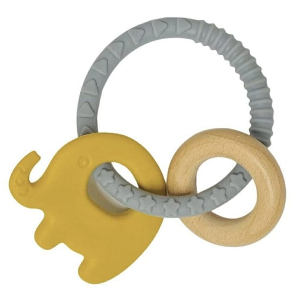 Teether silicone ring image. Grey Baby Teether Silicone Ring with Mustard Elephant. Perfect for your little one’s teething. Ph: 03 51744888