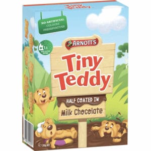 Arnott's Tiny Teddy Chocolate Half Coat Biscuits 200g Image.Tiny Teddy Half Coated in Milk Choc with no artificial colours or preservatives.