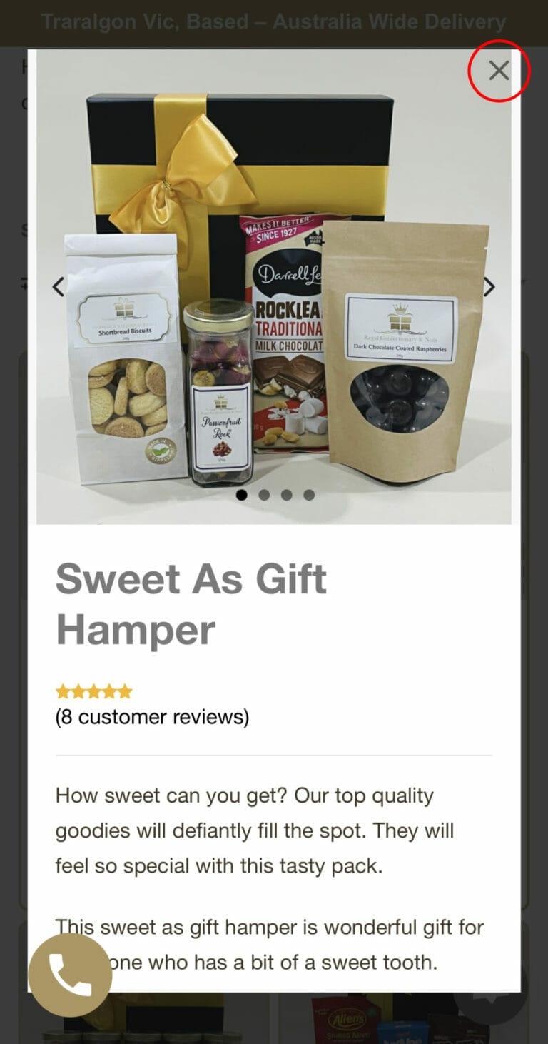 Mobile_sweet_as_popup image. Step 3 Now we have arrived at our hamper page Sweet As Gift Hamper. Notice all products within a rectangle box