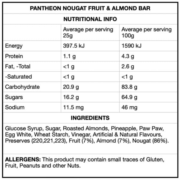 "Pantheon Nougat Fruit Almond Bar 100g : A delicious blend of fruits, nougat, and almonds on a white background."