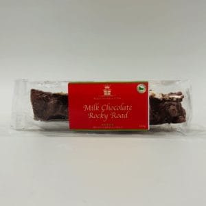 "Milk Chocolate Rocky Road 130g: Fluffy marshmallows, Turkish delights, coconut, and peanuts covered in milk chocolate.”