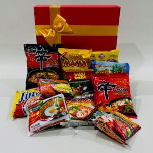 'Asian Noodles Assorted Gift Box: A variety of instant noodles from Asia, beautifully presented in a golden ribboned gift box.'